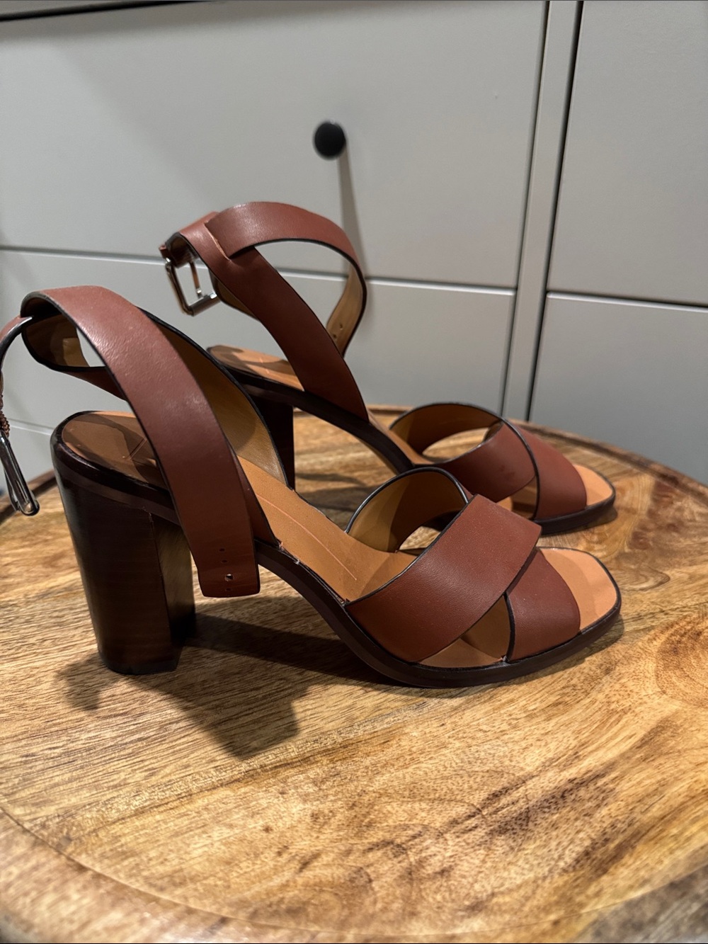 Dolce Vita Cognac Brown Leather Block Heel Sandals